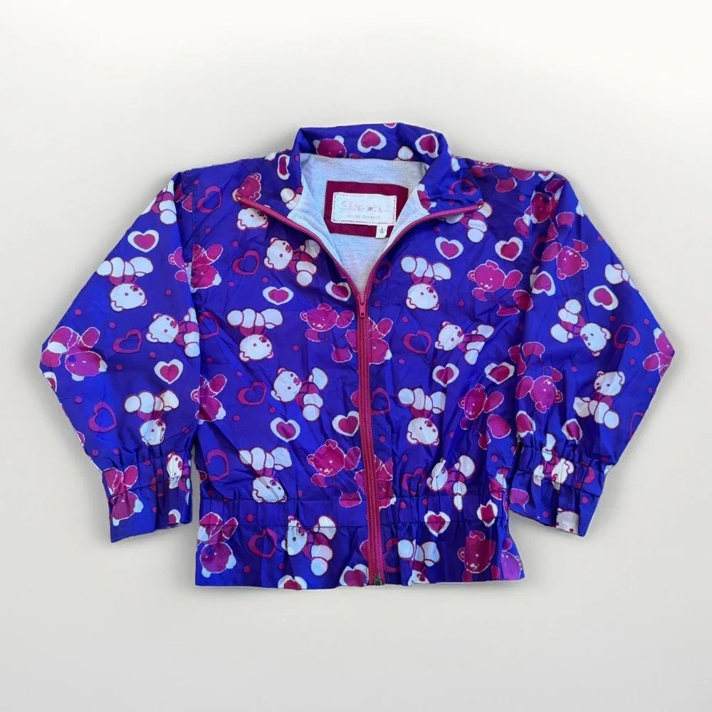 Vintage Windbreaker‎ Jacket Youth 6 Girls Retro 90s Hearts Teddy Bears Kidcore